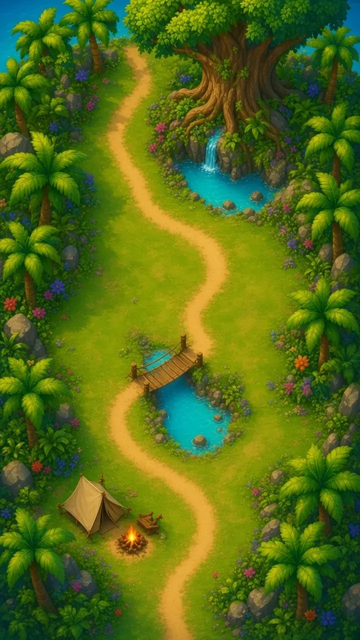 Illustrated island trail with checkpoints